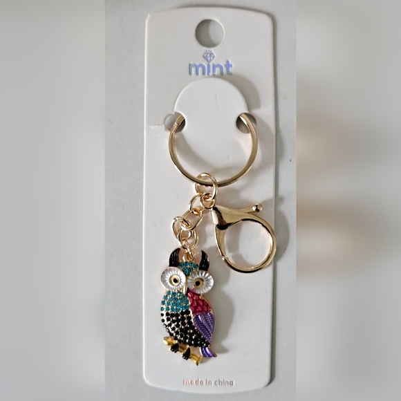 Mint Accessories - Mint Rhinestone Multi Color Owl Bag Charm Keychain w/ Gold Tone Hardware